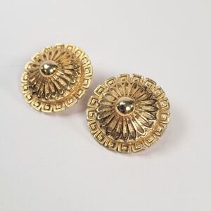 Vintage Monet Gold Tone Greek Key Shield Clip On Statement Earrings